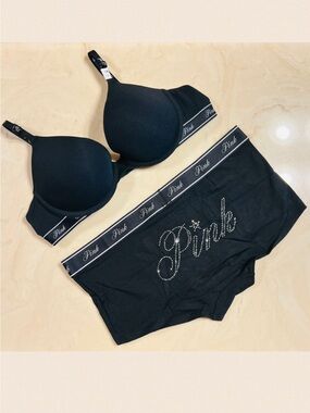 PINK VICTORIA’S SECRET Black Push-Up Bra & Cotton Boyshort Diamante Logo 36B